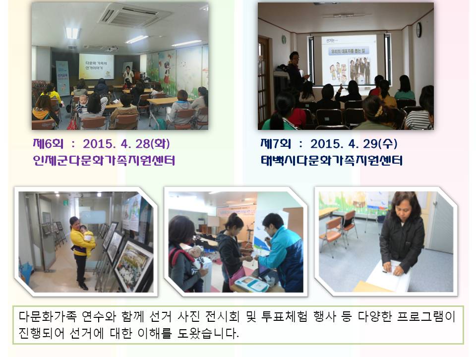 제6회 2015. 4. 28(화) 인제군다문화가족지원센터 제7회 2015. 4. 29(수) 태백시다문화가족지원센터 다문화가족 연수와 함께 선거 사진 전시회 및 투표체험 행사 등 다양한 프로그램이 진행되어 선거에 대한 이해를 도왔습니다 사진설명 사진1 인제군 다문화가족 연수 모습 사진2 태백시 다문화가족 연수 모습 사진3 아기와 함께 선거 사진을 보고있는 여성결혼 이민자 사진4 사전투표 체험을 하는 모습 사진5 투표를 하고 투표함에 투표지를 넣는 체험 장면