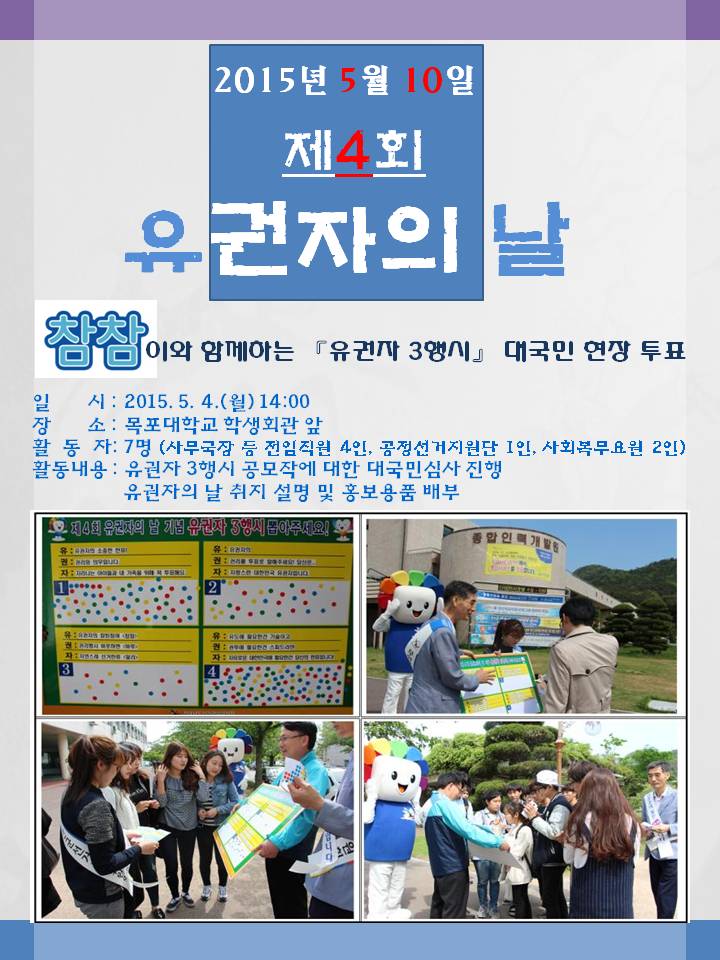 2015년 5월 10일 제4회 유권자의 날을 기념하며 참참이와 함께하는 『유권자 3행시』 대국민 현장투표를 실시했습니다. 일시 : 2015. 5. 4.(월) 14:00 장소 : 목포대학교 학생회관 앞  활동자: 7명 (사무국장 등 전임직원 4인, 공정선거지원단 1인, 사회복무요원 2인)  활동내용 : 유권자 3행시 공모작에 대한 대국민심사 진행, 유권자의 날 취지 설명 및 홍보용품 배부  