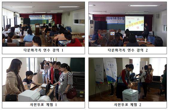 외부강사가 수강생들 앞에서 강의내용 설명,  빔프로젝터에 ptt자료를 띄워 강의, 투표용지발급기를 통해 투표용지를 받기 위해 줄을 서서 기다리는 수강생들 모습, 투표용지를 투표함에 투입하는 수강생 모습