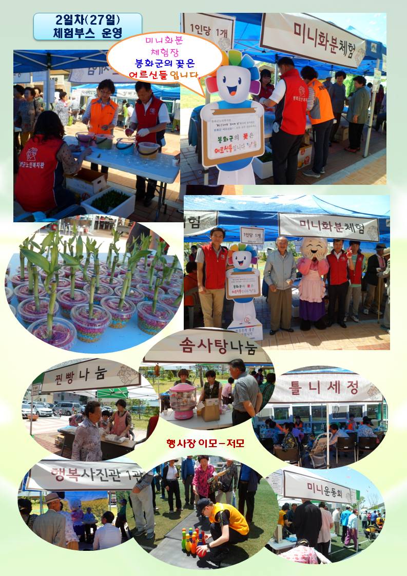 2일차 27일에는 미니화분만들기 체험장에서 어르신들께 플라스틱 용기에 색깔 자갈을 깔고 관음죽을 심은 미니화분을 선물하는 장면이며 행사장 곳곳에서는 찐빵나눔, 솜사탕나눔, 행복사진관, 틀니세정, 미니운동회를 즐기시는 어르신 사진입니다.