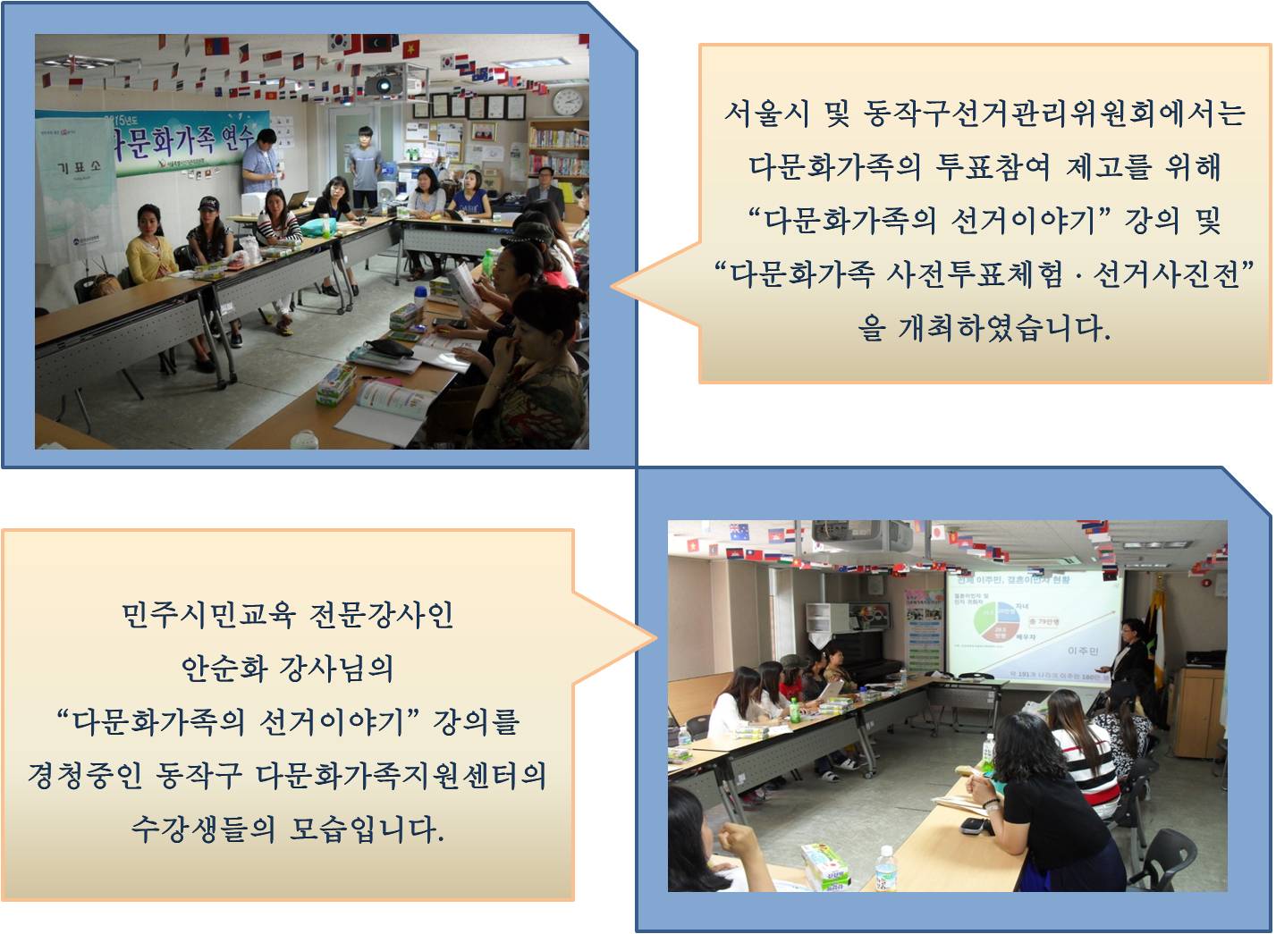 서울시 및 동작구선거관리위원회에서는 다문화가족의 투표참여 제고를 위해 "다문화가족의 선거이야기" 강의 및"다문화가족 사전투표체험,선거사진전"을 개최하였습니다. 민주시민교육 전문강사인 안순화 강사님의 "다문화가족선거이야기" 강의를 경청중인 동작구 다문화가족지원센터의 수강생들의 모습입니다.