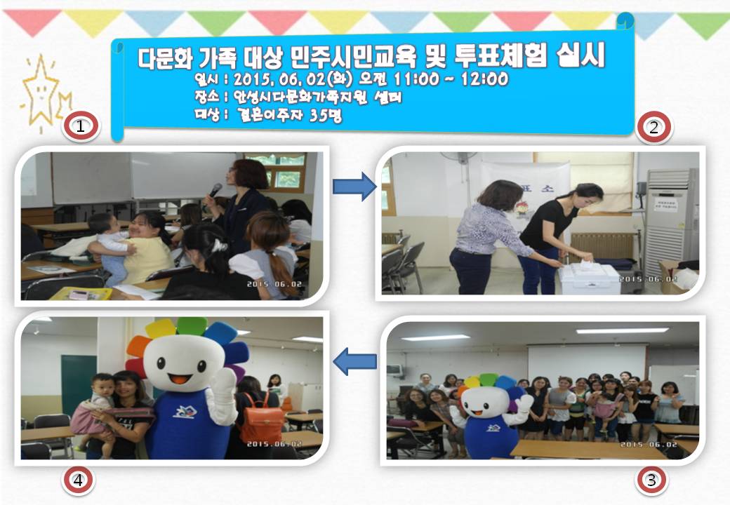 관내 다문화가족을 대상으로 우리나라 선거제도 안내 및 실제 투표체험을 통한 민주시민의식 함양을 위하여 다문화가족 연수를 6월 2일 화요일에 실시하였습니다. 자세한 이미지 설명은 본문 내용을 참고하시기 바랍니다.