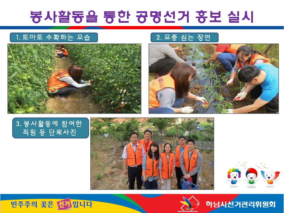 하남시선거관리위원회는 관내 농가을 방문하여 봉사활동을 통한 공명선거 홍보를 실시하였습니다. 자세한 이미지 설명은 본문의 내용을 참고하시기 바랍니다.