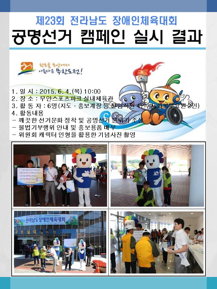 제23회 전라남도 장애인 체육대회에 참석하여 공명선거 캠페인을 실시했습니다. 1. 일 시 : 2015. 6. 4.(목) 10:00   2. 장 소 : 무안스포츠파크 실내체육관  3. 활 동 자 : 6명(지도·홍보계장 등 전임직원 4인, 사회복무요원 2인)   4. 활동내용  깨끗한 선거문화 정착 및 공명선거 분위기 조성 불법기부행위 안내 및 홍보용품 배부 위원회 캐릭터 인형을 활용한 기념사진 촬영   