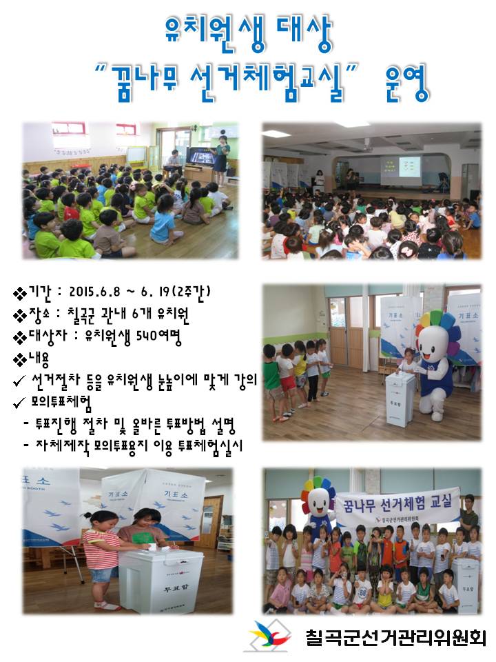 칠곡군선거관리위원회에서는 유치원생 대상 꿈나무 선거체험교실을 운영하고 있으며 자세한 내용은 아래 내용을 참조하세요.  