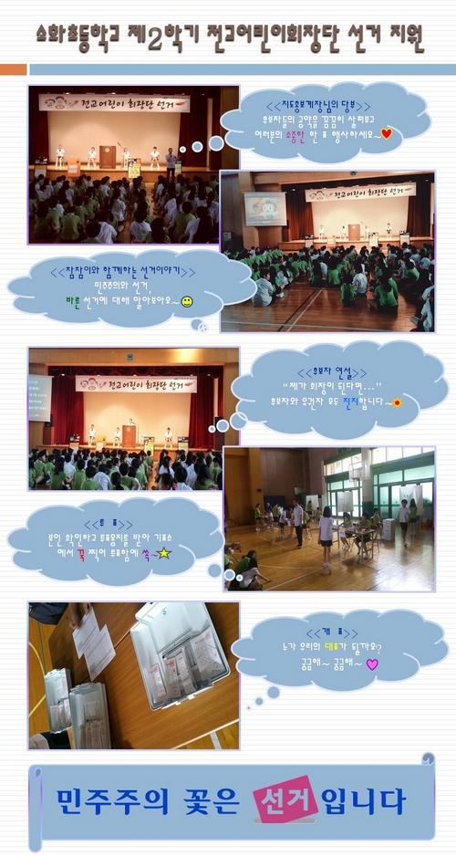 수원시영통구선거관리위원회는 미래유권자들이 선거에 친숙해지고 주권의식을 함양할 수 있도록 관내 초·중·고등학교의 학생선거를 지원하고 있습니다. 지난 7월 17일(금)에는 소화초등학교 전교어린이회장단선거의 투·개표를 지원했습니다. 자세한 이미지 설명은 본문의 내용을 참고하시기 바랍니다.