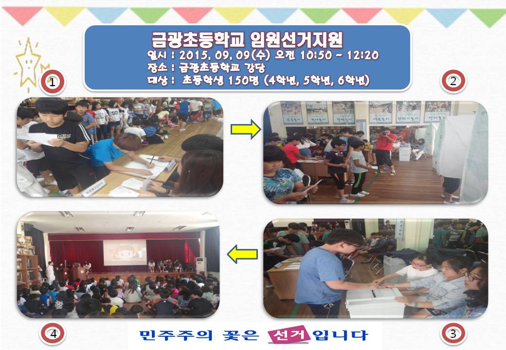 안성시선거관리위원회는 금광초등학교 2학기 전교어린이회 임원선거를 이용하여 선거체험행사를 다음과 같이 실시하였습니다. 자세한 이미지 설명은 본문의 내용을 참고하시기 바랍니다.