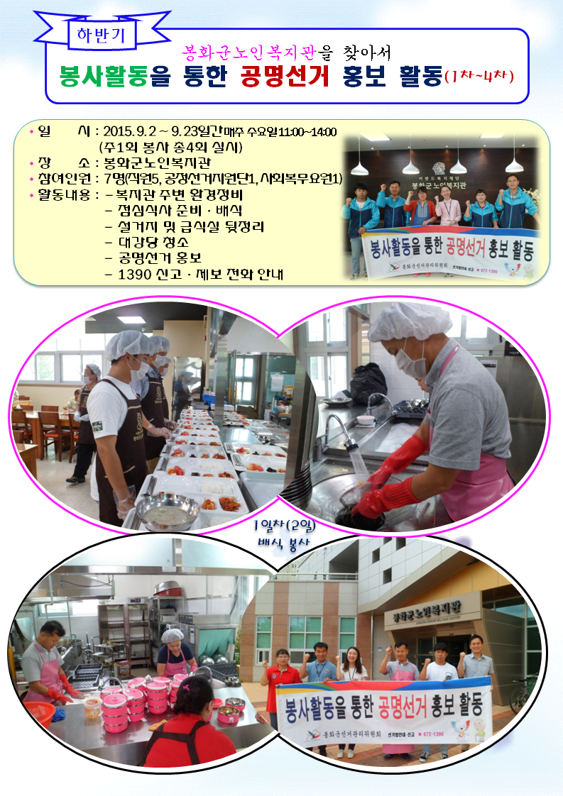 봉화군선거관리위원회 직원, 공정선거지원단 및 사회복무요원등 7명은 2015. 9. 2 ~ 9. 23일간 매주 수요일 11:00~14:00경 봉화군노인복지관을 찾아가 봉사활동을 하였습니다. 1일차 경로식당에서 배식 및 설거지하는 장면입니다.