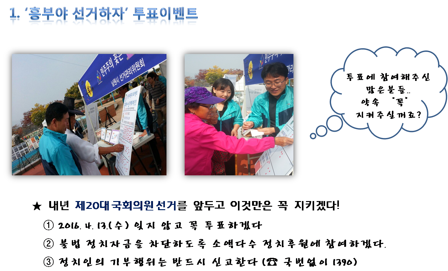 1. ‘흥부야 선거하자’ 투표이벤트내년  제20대 국회의원 선거를  앞두고  이것만은  꼭  지키겠다!① 2016. 4. 13.(수) 잊지 않고 꼭 투표하겠다② 불법 정치자금을 차단하도록 소액다수 정치후원에 참여하겠다③ 정치인의 기부행위는 반드시 신고한다 (☎ 국번없이 1390)투표에 참여해주신많은분들..약속 “꼭”지켜주실꺼죠?