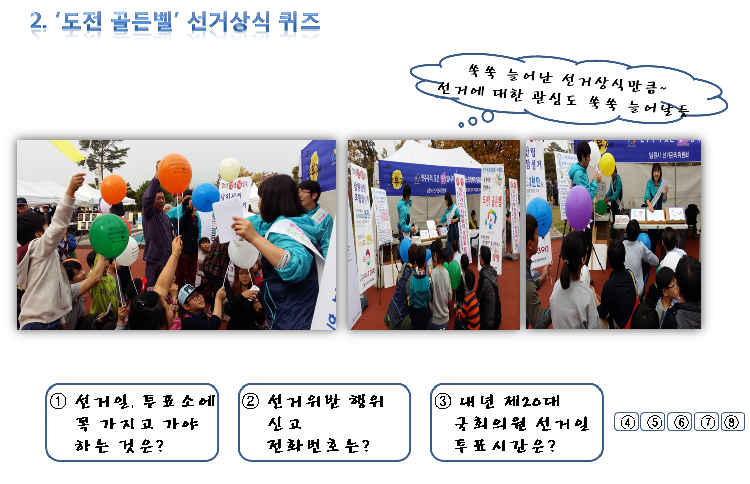 2. ‘도전 골든벨’ 선거상식 퀴즈 ① 선거일, 투표소에 꼭 가지고 가야 하는 것은? ② 선거위반 행위 신고    전화번호는?③ 내년 제20대 국회의원 선거일 투표시간은? 쑥쑥 늘어난 선거상식만큼~선거에 대한 관심도 쑥쑥 늘어날듯