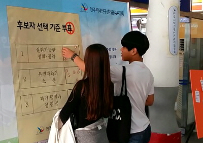 후보자 선택 기준 투표라고 적힌 대형 현수막에 남성과 여성이 함께 스티커를 이용하여 투표하고 있는 모습