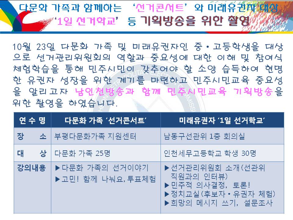 다문화 가족과 함께하는 ‘선거콘서트’와 미래유권자 대상‘1일 선거학교’ 등 기획방송을 위한 촬영