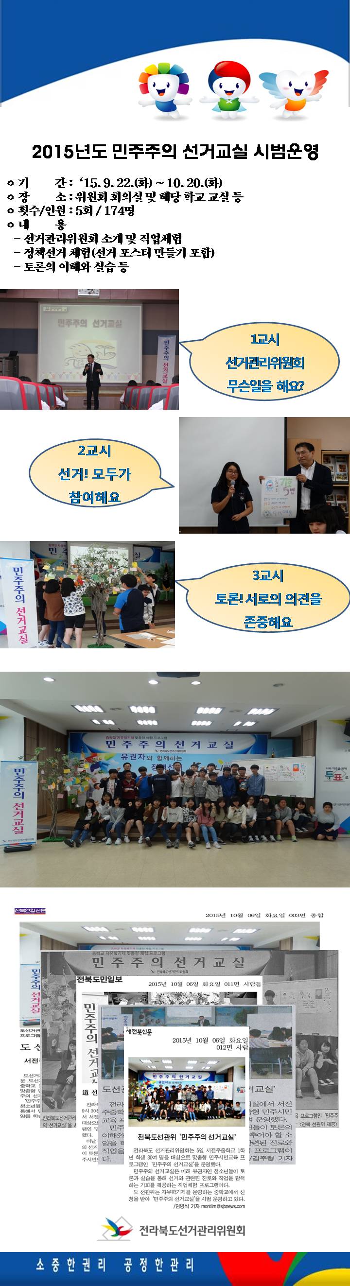 ㅇ 기간 :‘15. 9. 22.(화) ~ 10. 20.(화)  ㅇ 장소 : 위원회 회의실 및 해당 학교 교실 등 ㅇ 횟수/인원 : 5회 / 174명  ㅇ 내용 : 선거관리위원회 소개 및 직업체험, 정책선거 체험(선거 포스터 만들기 포함), 토론의 이해와 실습 등 