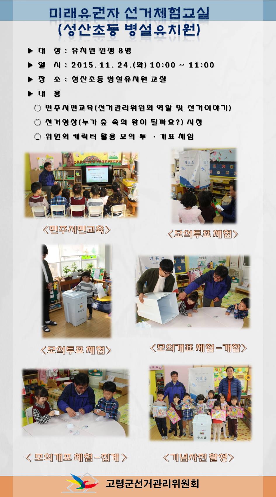 고령군선거관리위원회는 지난 11월 24일 성산초등학교 병설유치원에서 미래유권자 선거체험교실을 실시하였습니다. 자세한 내용은 본문을 참고하십시오.