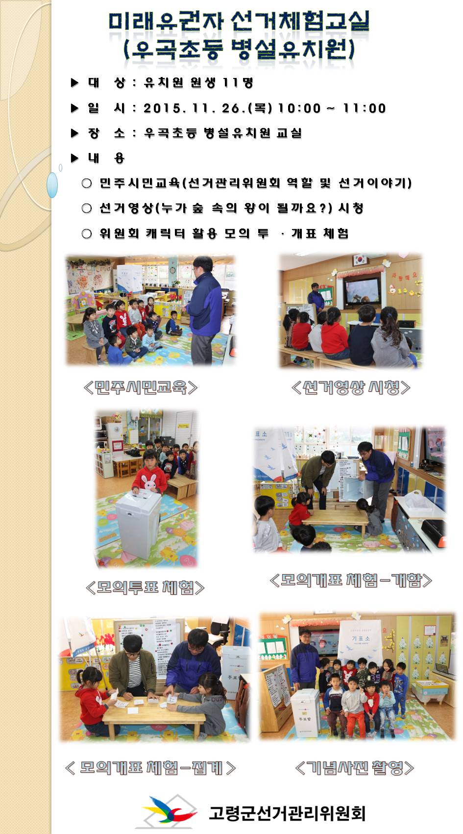 고령군선관위에서는 지난 11월 26일 우곡초등학교 병설유치원에서 미래유권자 선거체험교실을 실시하였습니다. 자세한 내용은 본문을 참조하십시오.