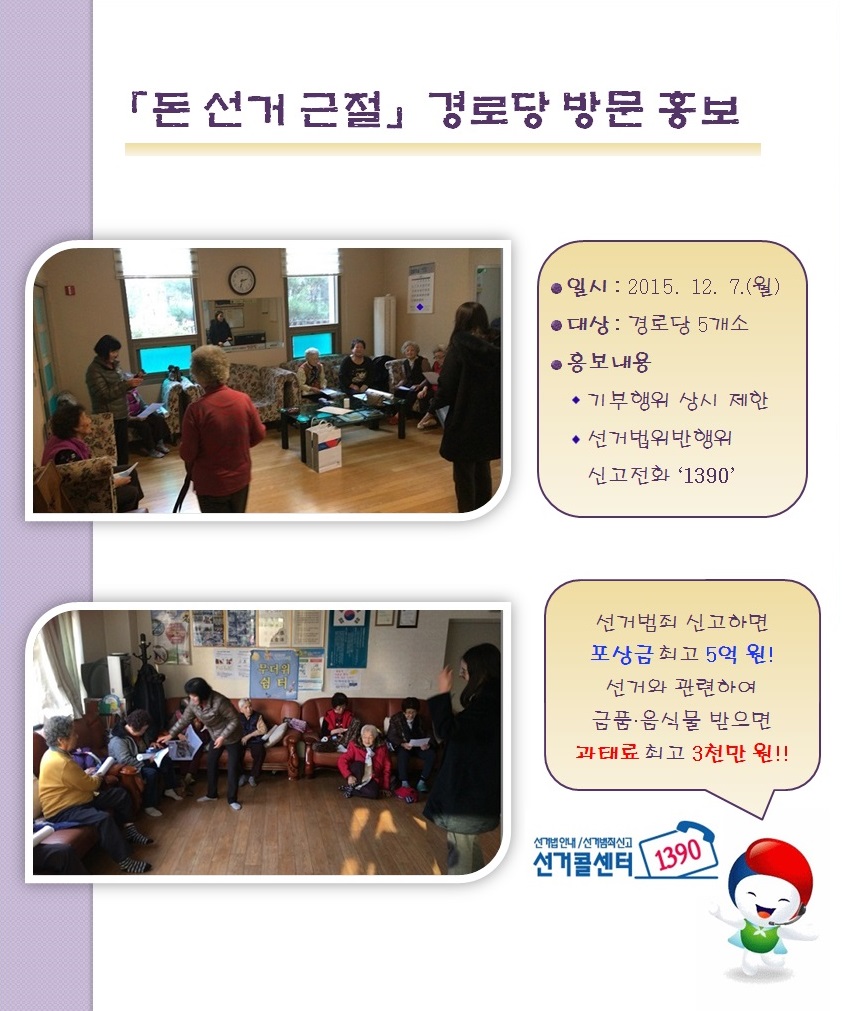 수원시영통구선거관리위원회는 돈 선거를 근절하고 깨끗한 선거문화 정착을 위해 다음과 같이 관내 경로당을 방문하여 홍보활동을 실시하였습니다. 자세한 이미지 설명은 본문의 내용을 참고하시기 바랍니다.