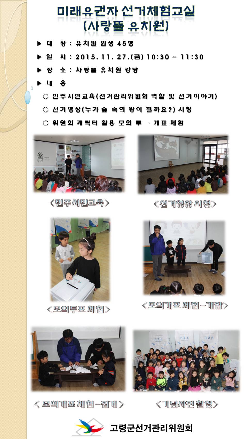 고령군선관위는 지난 11월 27일 사랑뜰 유치원에서 미래유권자 선거체험교실을 실시하였습니다. 자세한 내용은 본문을 참고하시기 바랍니다.