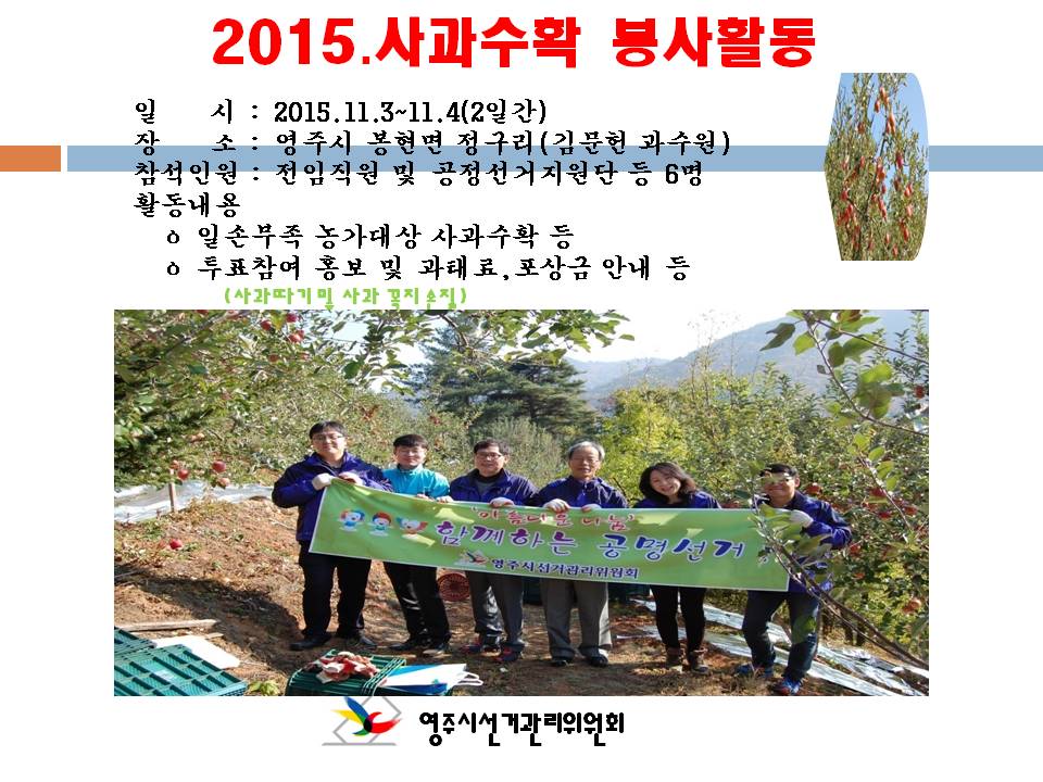 영주시선거관리위원회에서는 일손부족 농가를 찾아 사과수확 봉사를 하였습니다. 사과 따기 및 사과꼭지 손질로 주민들과 소통하며 투표참여 홍보 및 과태료,포상금 제도를 안내하고 빨간사과에 공명선거 기원을 담은 봉사로 행복한 시간이였습니다. 자세한 사항은 내용을 참고 하시기 바랍니다. 