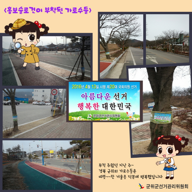 가로수의 해충포집기에 홍보슬로건이 부착되어있어요